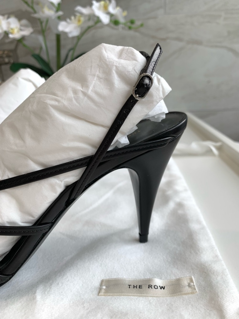 The Row Black Leather Strappy Knot Detail  Slingback Sandals,Size EU37.5/US 7.5. - Picture 8 of 14